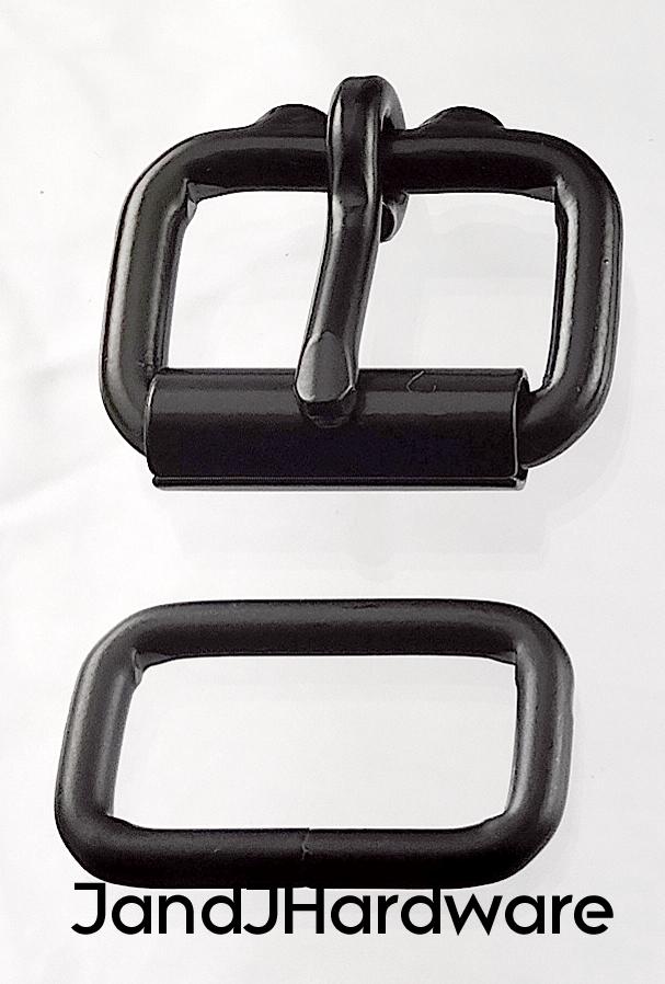 1 inch black plated maker pack consisting of 2 each of a heel bar roller buckle and a belt keeper.