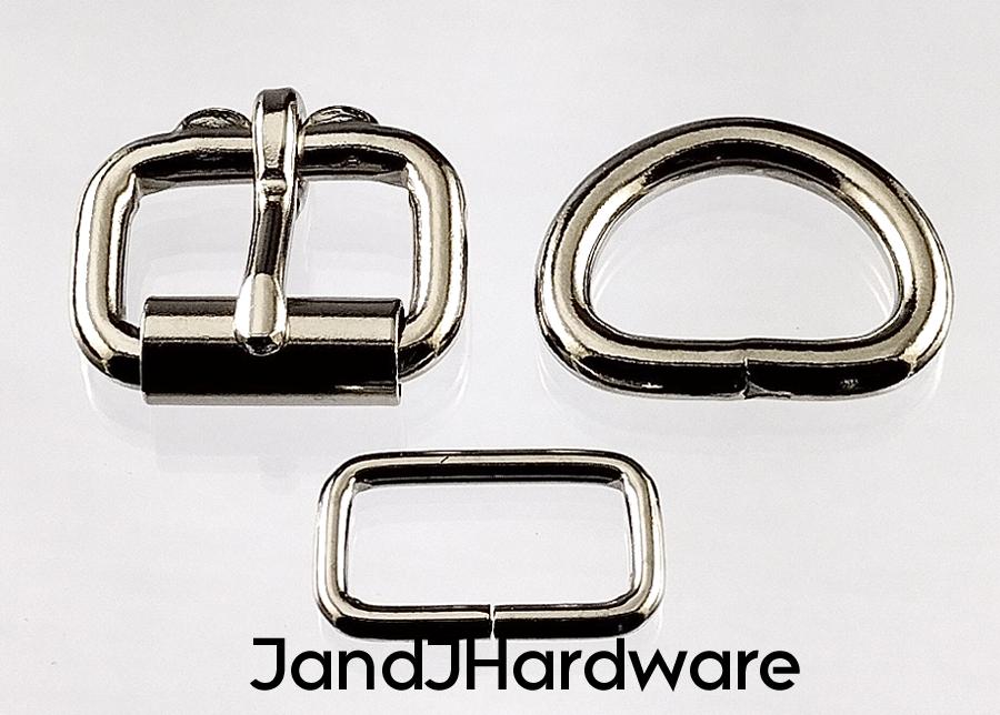 3/4 inch nickel plated maker pack consisting of 2 each of a heel bar roller buckle, D ring and a belt keeper.