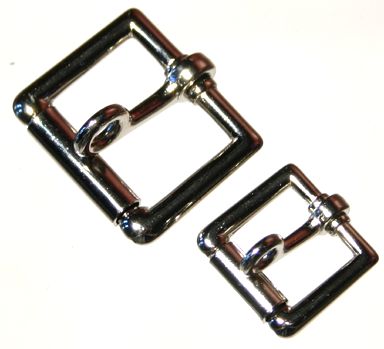 An image of a group of locking tongue heel bar roller buckles for leather craft in 1/2 and 1 inch widths.