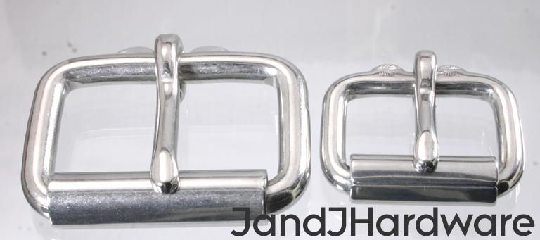 An image of 2 solid stainless steel true roller buckles in 1 and 1 1/2 inch width.